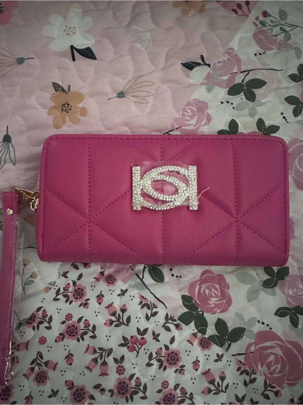Pink Quilted Wristlet Wallet with Crystal Accent